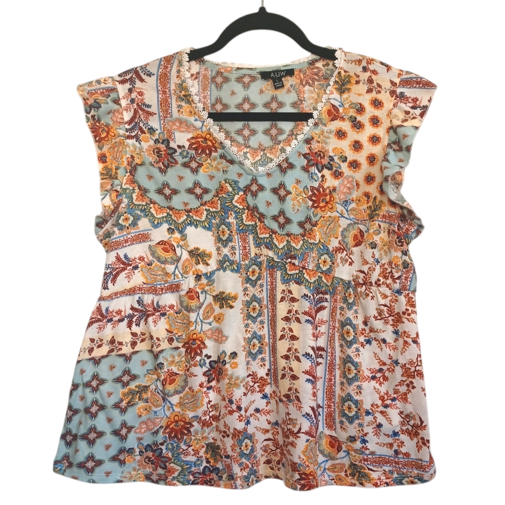 AUW Cream Colorful Yellow Blue Floral Multi Print Ruffle Stretchy Top Large